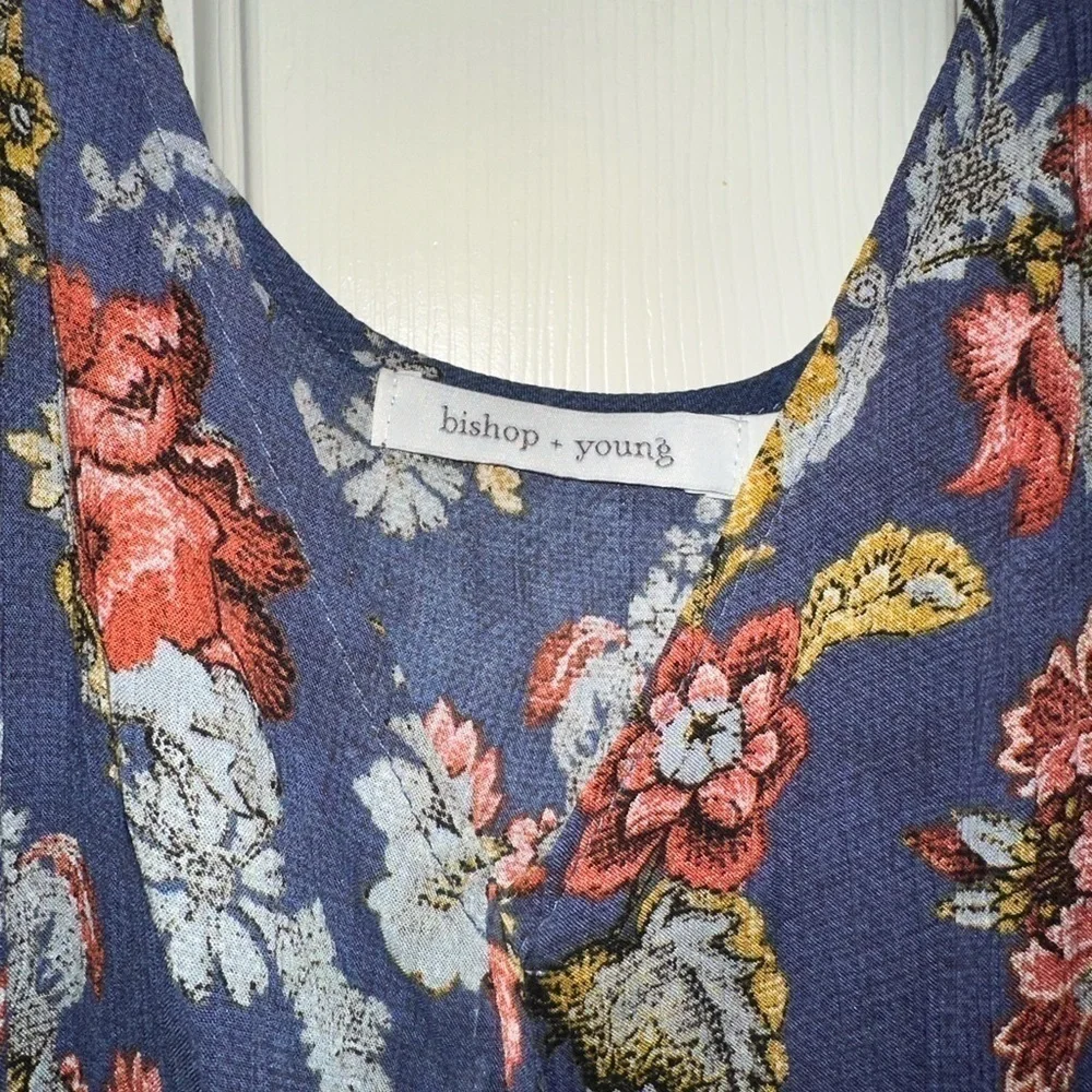 BISHOP + YOUNG BLUE ROMANTIC FLORAL BOHO COLD SHOULDER BLOUSE WOMEN'S SZ L - Picture 5 of 10